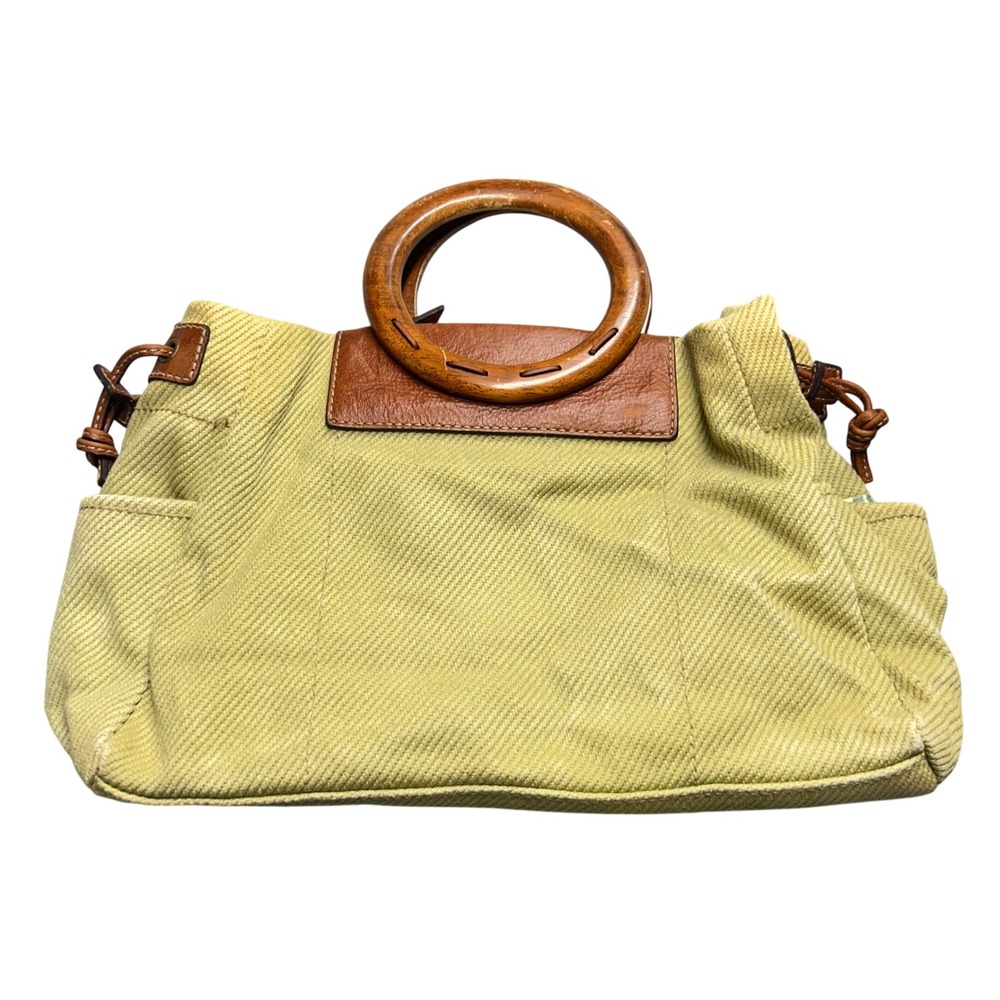 Fossil Handbag Tan Canvas Womens Medium Wood Handle Boho Satchel 75082 Vintage